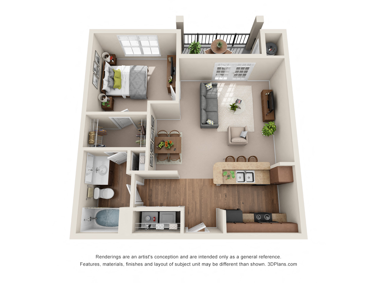 Floor plan for 1 bed, 1 bath, 725 sqft